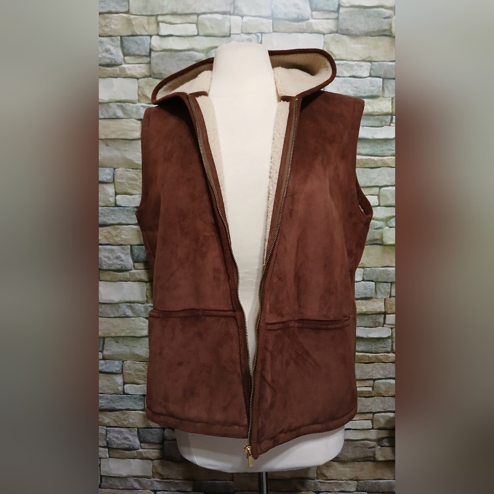 Lauren Ralph Lauren Brown Faux Suede Hooded Vest Sherpa Lining Large Cottagecore - Picture 2 of 5